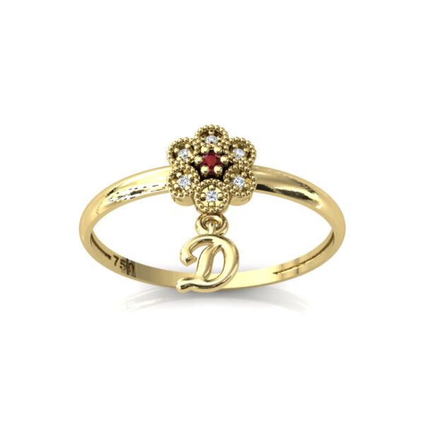 Anel Chuveiro Flor Red Com Pingente Letra Em Ouro 18k